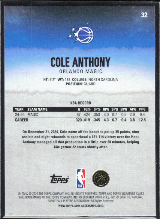 2025-26 Topps Signature Class #32 Cole Anthony Chrome - baksida