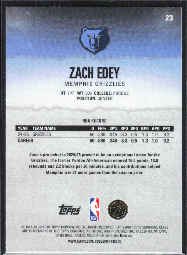 2025-26 Topps Signature Class #23 Zach Edey Chrome - baksida