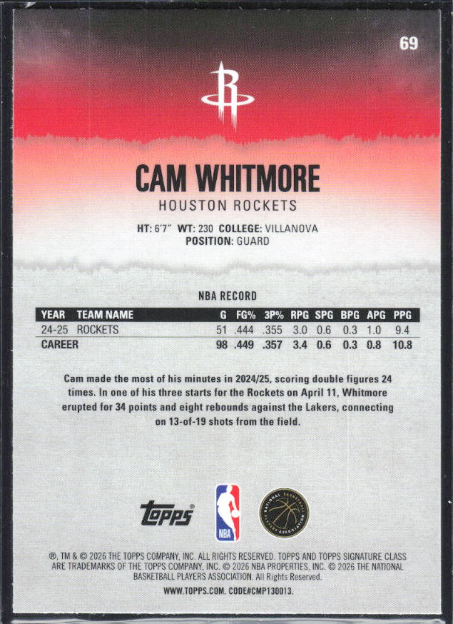 2025-26 Topps Signature Class #69 Cam Whitmore Chrome - baksida