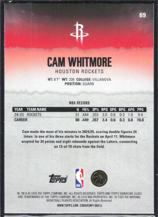 2025-26 Topps Signature Class #69 Cam Whitmore Chrome - baksida