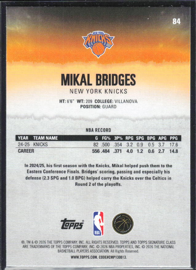 2025-26 Topps Signature Class #84 Mikal Bridges Chrome - baksida