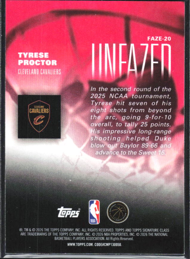 2025-26 Topps Signature Class #FAZE-20 Tyrese Proctor Unfazed - baksida