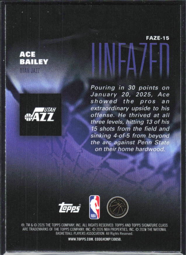 2025-26 Topps Signature Class #FAZE-15 Ace Bailey Unfazed - baksida