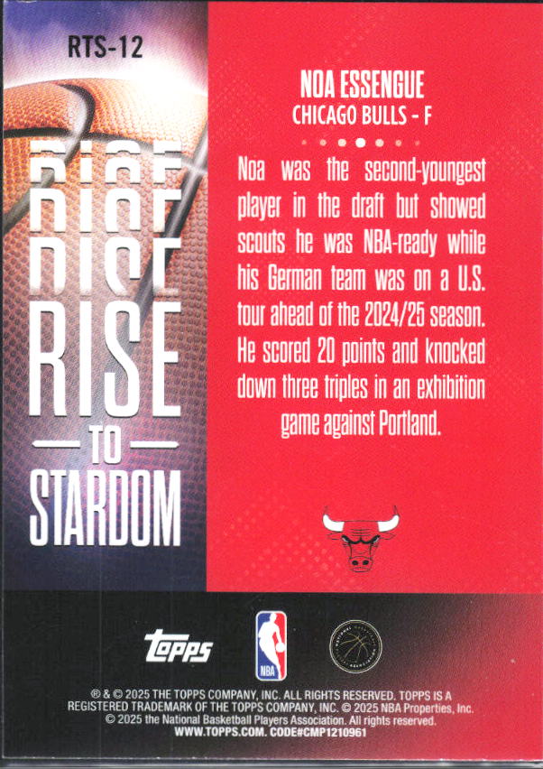 2025-26 Topps #RTS-12 Noa Essengue Rise to Stardom Rainbow Foilboard - baksida