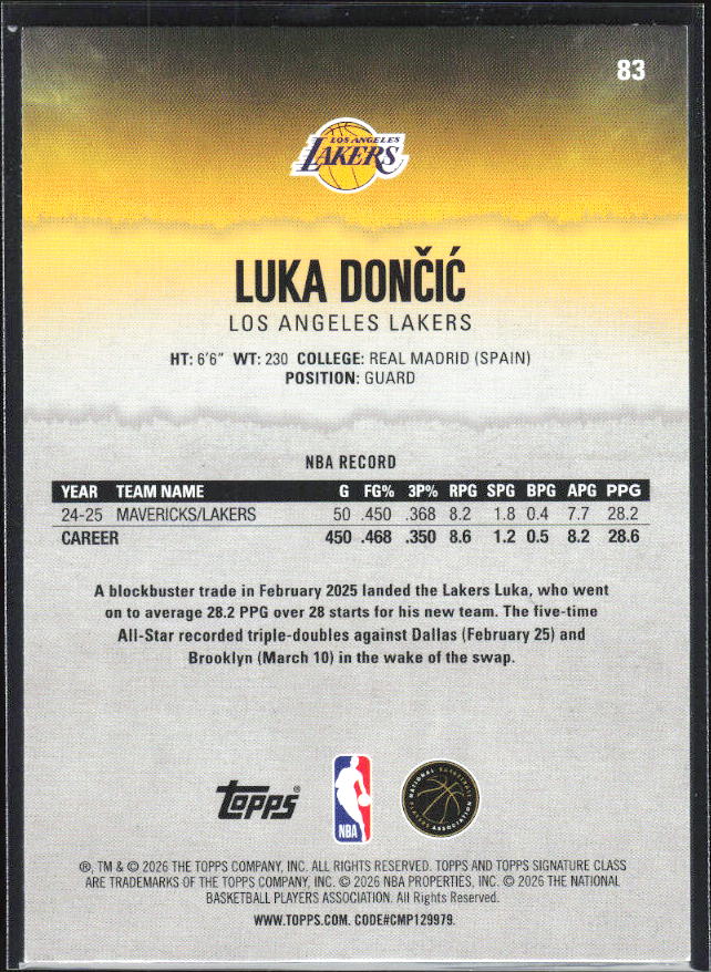 2025-26 Topps Signature Class #83 Luka Dončić Bronze - baksida