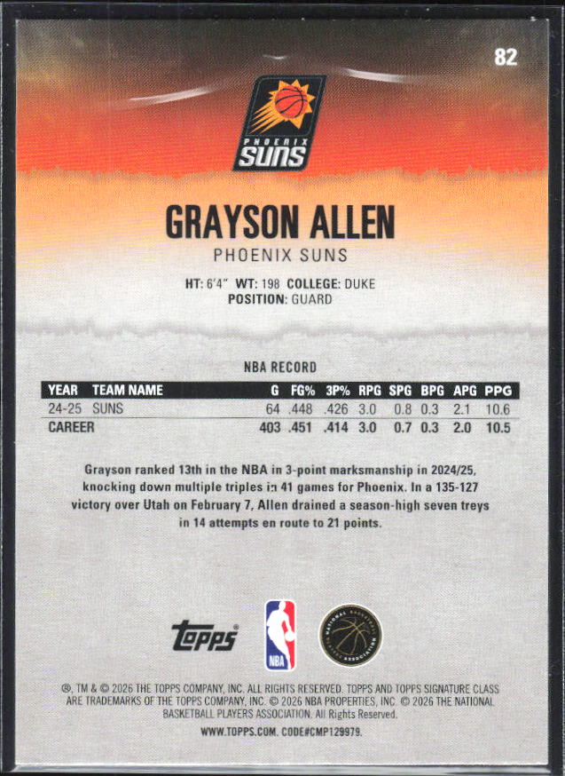 2025-26 Topps Signature Class #82 Grayson Allen Bronze - baksida