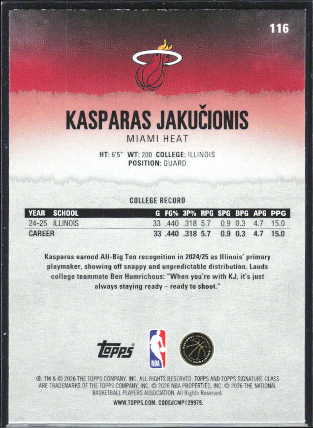 2025-26 Topps Signature Class #116 Kasparas Jakučionis Bronze - baksida