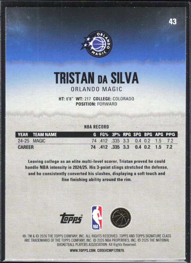 2025-26 Topps Signature Class #43 Tristan da Silva Blue & Orange - baksida