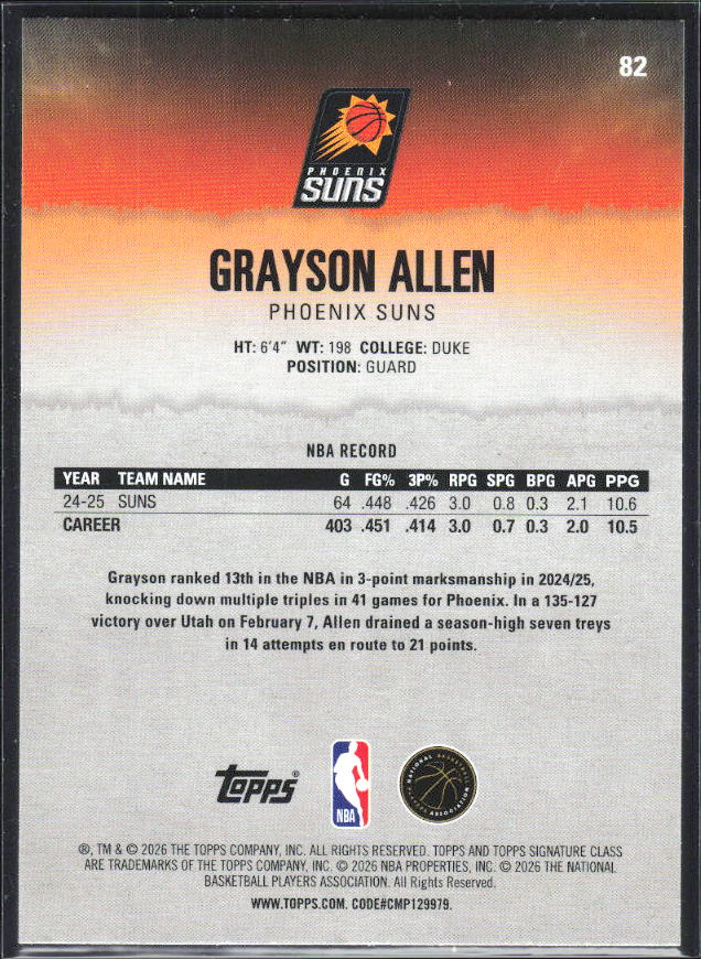 2025-26 Topps Signature Class #82 Grayson Allen Blue & Orange - baksida