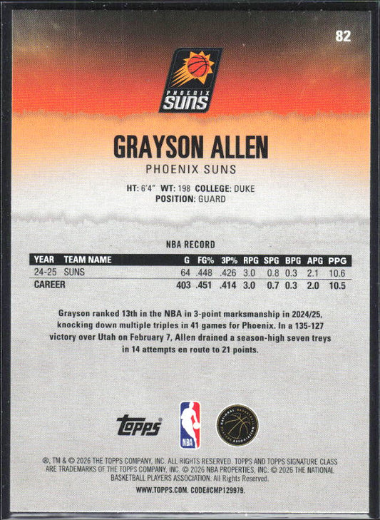 2025-26 Topps Signature Class #82 Grayson Allen Blue & Orange - baksida