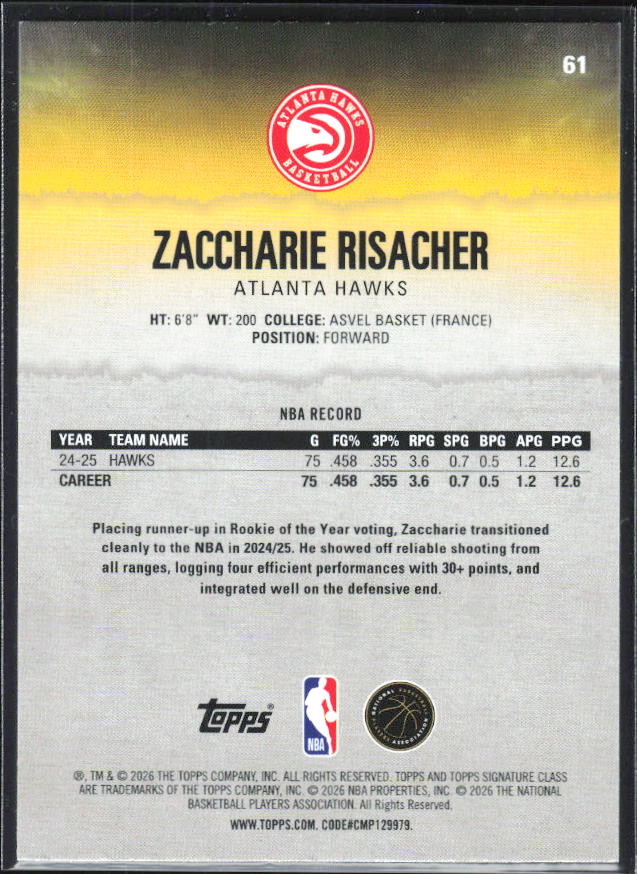 2025-26 Topps Signature Class #61 Zaccharie Risacher Blue & Orange - baksida