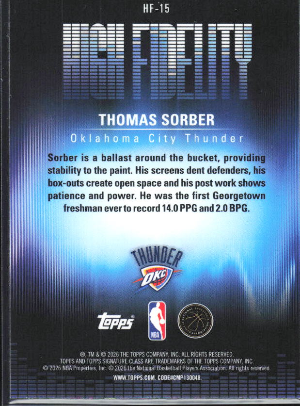 2025-26 Topps Signature Class #HF-15 Thomas Sorber High Fidelity - baksida