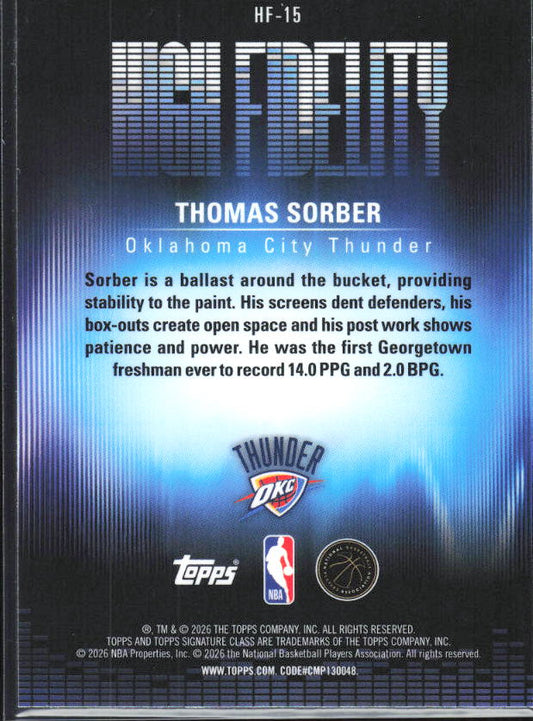 2025-26 Topps Signature Class #HF-15 Thomas Sorber High Fidelity - baksida