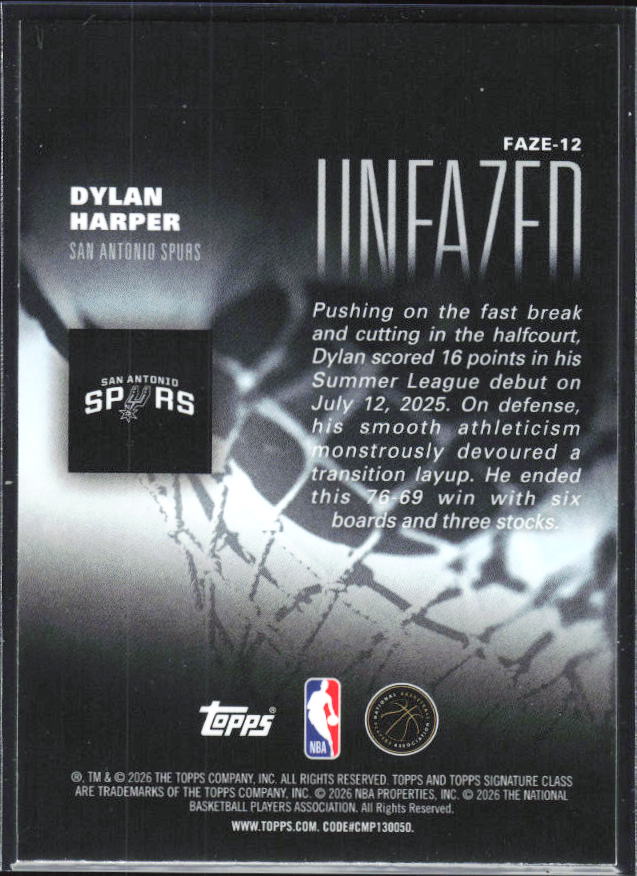 2025-26 Topps Signature Class #FAZE-12 Dylan Harper Unfazed - baksida
