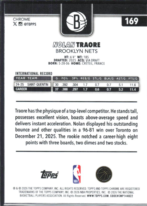 2025-26 Topps Chrome Update #169 Nolan Traore - baksida