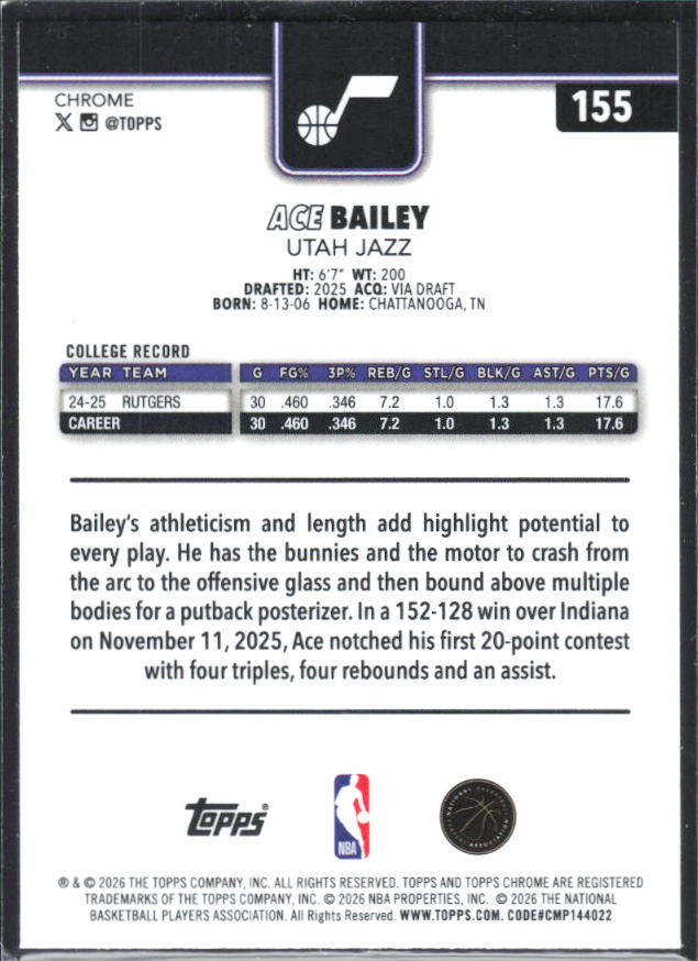 2025-26 Topps Chrome Update #155 Ace Bailey - baksida