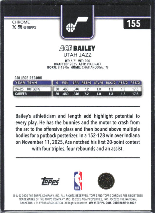 2025-26 Topps Chrome Update #155 Ace Bailey - baksida