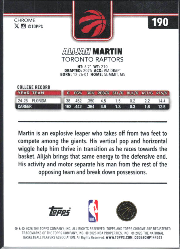 2025-26 Topps Chrome Update #190 Alijah Martin - baksida