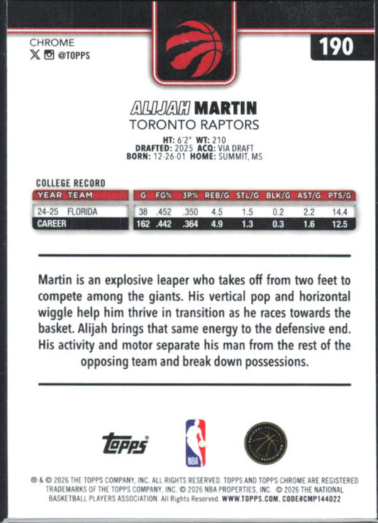 2025-26 Topps Chrome Update #190 Alijah Martin - baksida