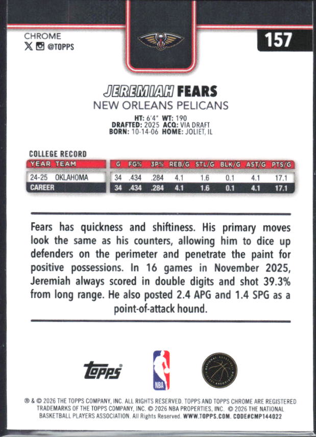2025-26 Topps Chrome Update #157 Jeremiah Fears - baksida