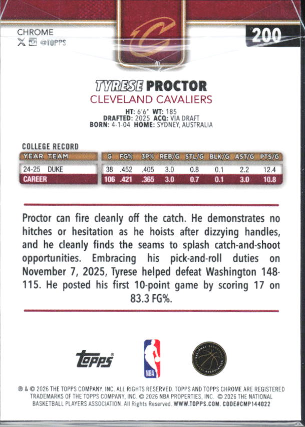 2025-26 Topps Chrome Update #200 Tyrese Proctor - baksida