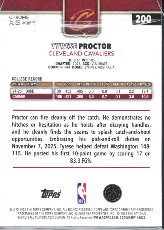 2025-26 Topps Chrome Update #200 Tyrese Proctor - baksida