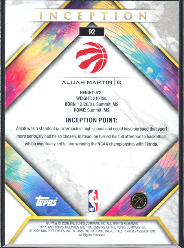 2025-26 Topps Inception #92 Alijah Martin - baksida