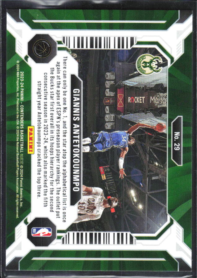 2023-24 Panini Contenders #29 Giannis Antetokounmpo Suite Shots - baksida