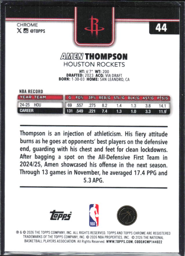 2025-26 Topps Chrome Update #44 Amen Thompson Prism Refractor - baksida