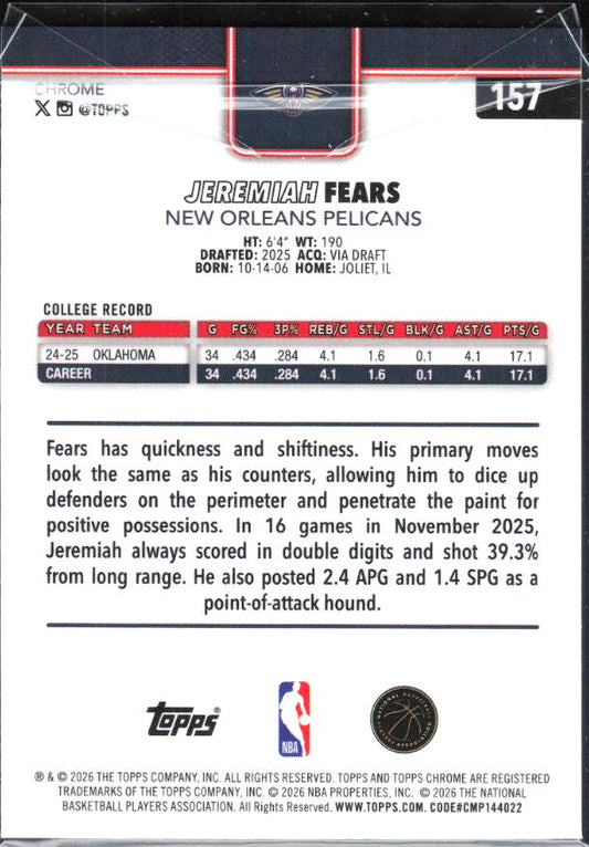 2025-26 Topps Chrome Update #157 Jeremiah Fears X-Fractor - baksida