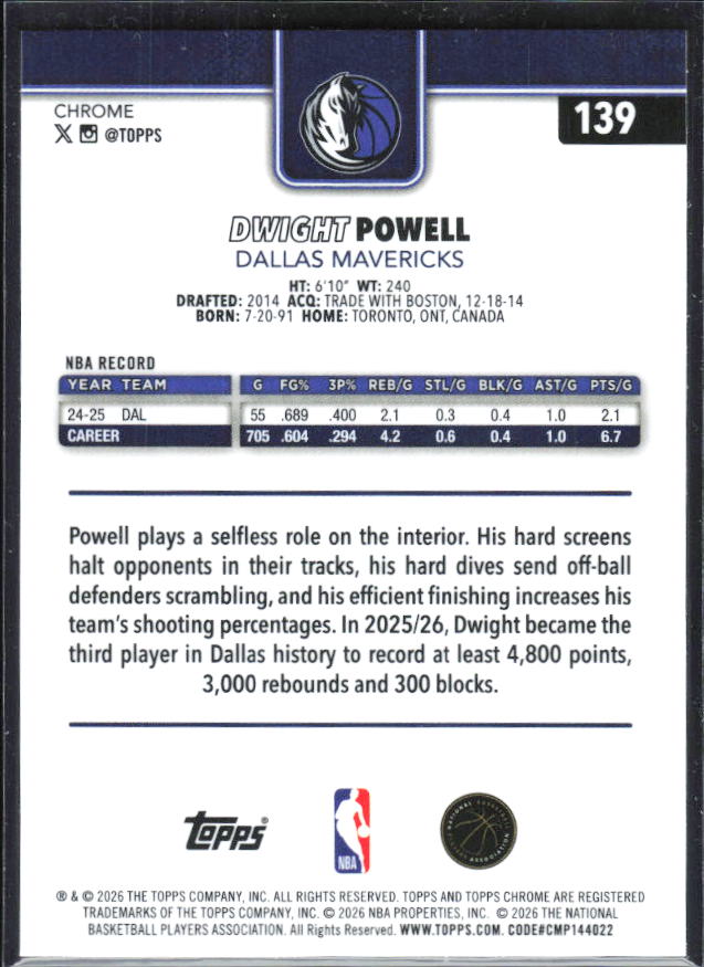 2025-26 Topps Chrome Update #139 Dwight Powell Prism Refractor - baksida
