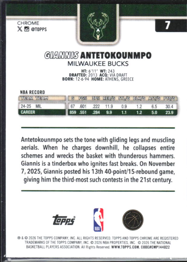 2025-26 Topps Chrome Update #7 Giannis Antetokounmpo X-Fractor - baksida