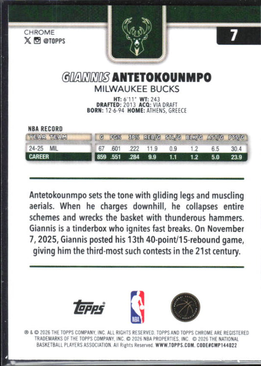 2025-26 Topps Chrome Update #7 Giannis Antetokounmpo X-Fractor - baksida