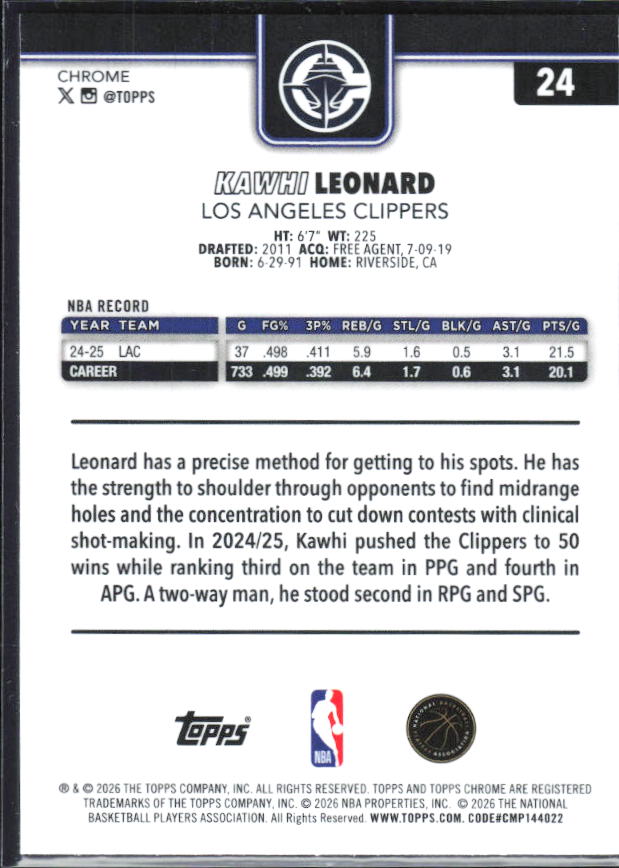 2025-26 Topps Chrome Update #24 Kawhi Leonard X-Fractor - baksida