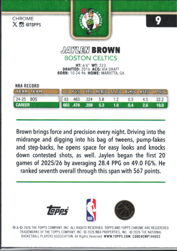 2025-26 Topps Chrome Update #9 Jaylen Brown X-Fractor - baksida