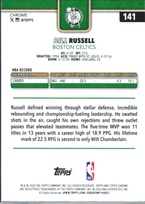 2025-26 Topps Chrome Update #141 Bill Russell X-Fractor - baksida