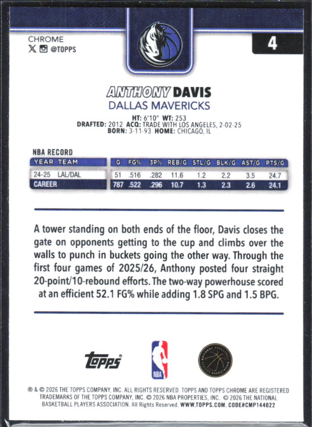 2025-26 Topps Chrome Update #4 Anthony Davis X-Fractor - baksida