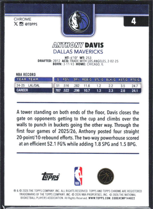 2025-26 Topps Chrome Update #4 Anthony Davis X-Fractor - baksida