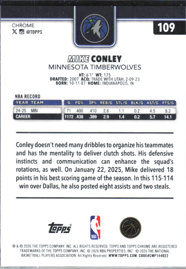 2025-26 Topps Chrome Update #109 Mike Conley X-Fractor - baksida
