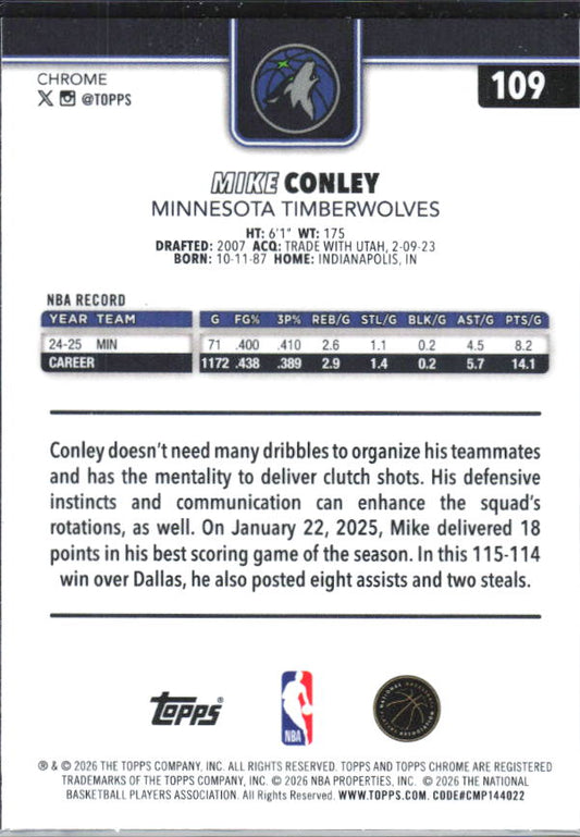 2025-26 Topps Chrome Update #109 Mike Conley X-Fractor - baksida