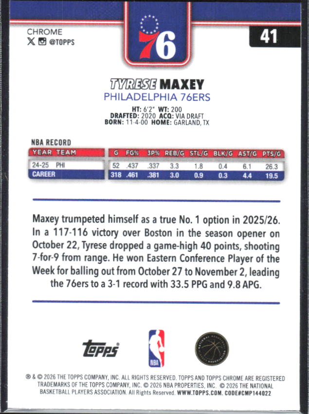 2025-26 Topps Chrome Update #41 Tyrese Maxey X-Fractor - baksida