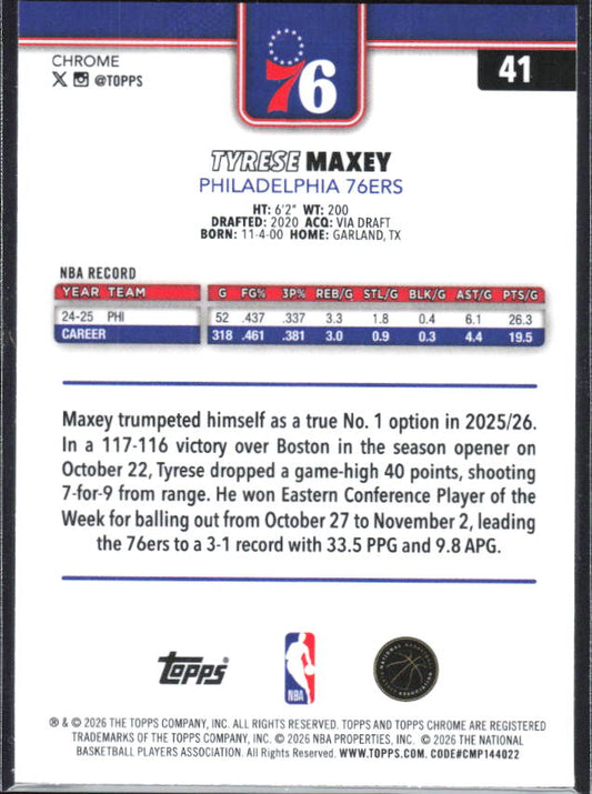 2025-26 Topps Chrome Update #41 Tyrese Maxey X-Fractor - baksida