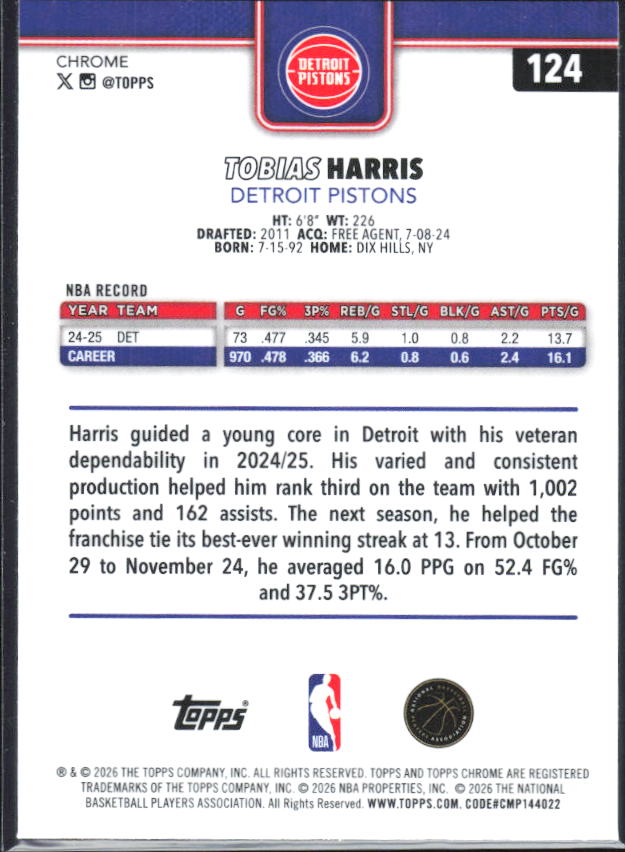 2025-26 Topps Chrome Update #124 Tobias Harris X-Fractor - baksida