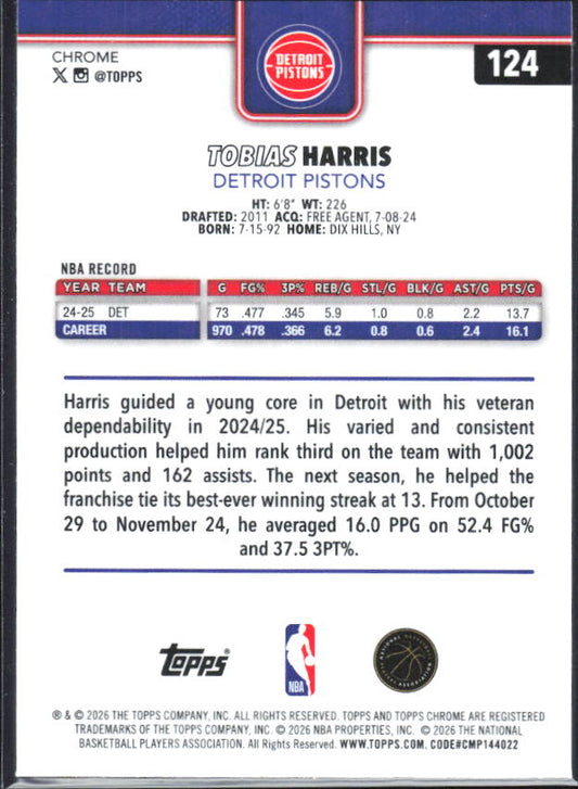2025-26 Topps Chrome Update #124 Tobias Harris X-Fractor - baksida