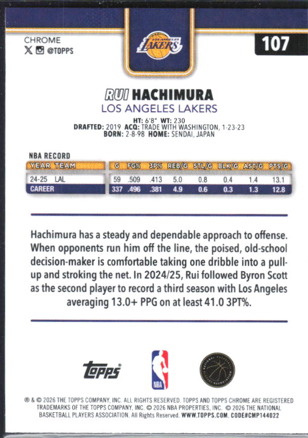 2025-26 Topps Chrome Update #107 Rui Hachimura X-Fractor - baksida