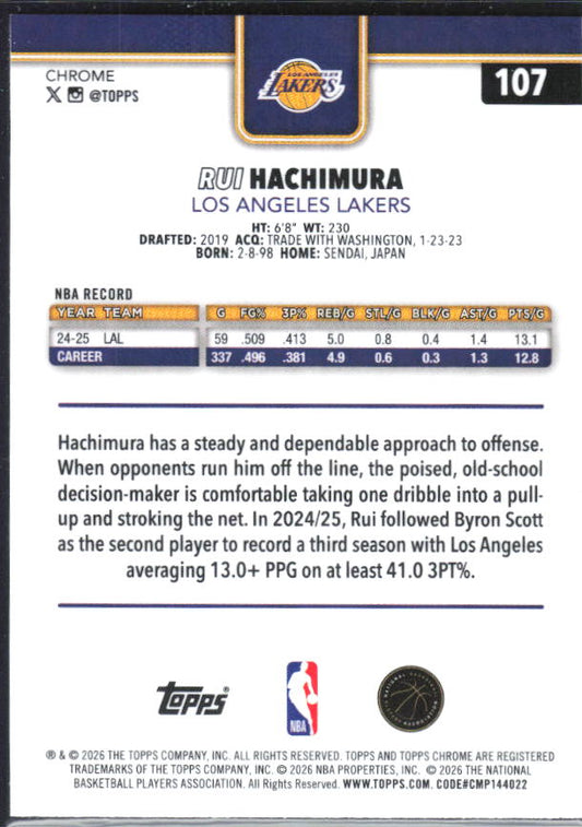 2025-26 Topps Chrome Update #107 Rui Hachimura X-Fractor - baksida