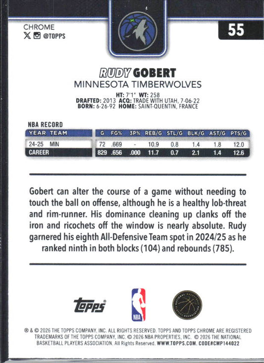 2025-26 Topps Chrome Update #55 Rudy Gobert X-Fractor - baksida
