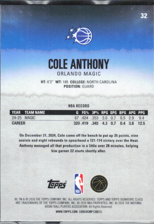 2025-26 Topps Signature Class #32 Cole Anthony Chrome Pandora Yellow Refractor - baksida