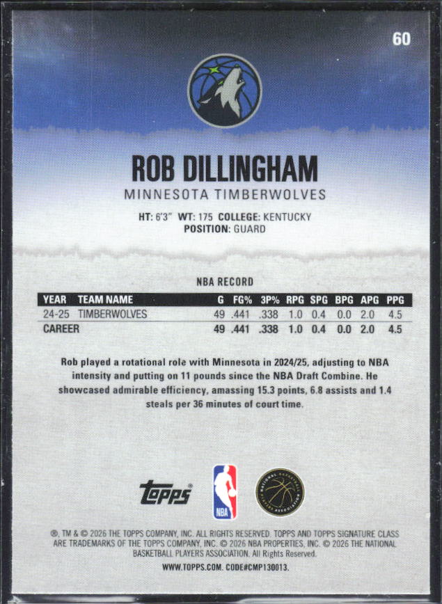 2025-26 Topps Signature Class #60 Rob Dillingham Chrome Pandora Yellow Refractor - baksida