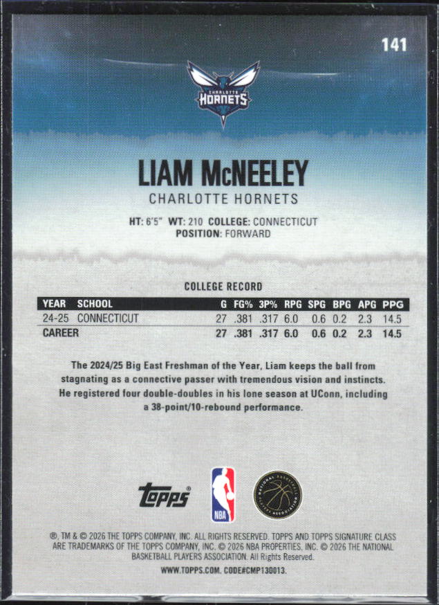 2025-26 Topps Signature Class #141 Liam McNeeley Chrome Pandora Refractor - baksida